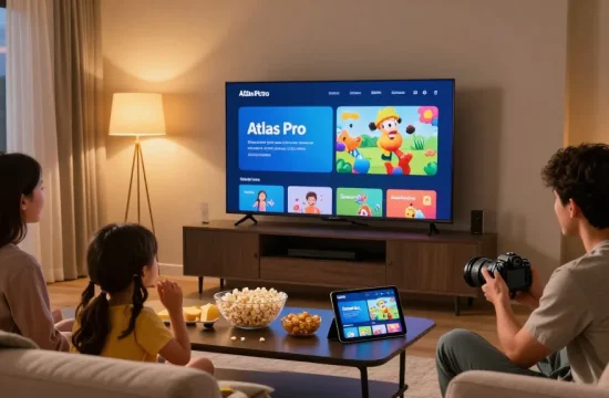 Famille regardant atlas pro iptv dans un salon moderne avec charme.