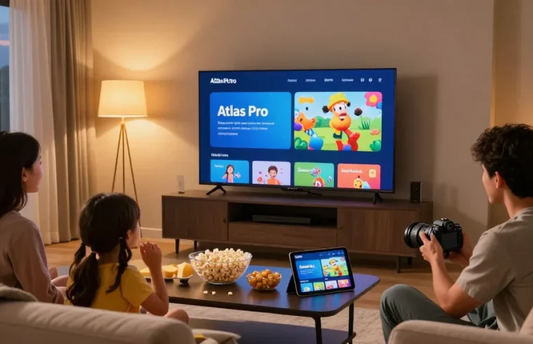 Famille regardant atlas pro iptv dans un salon moderne avec charme.