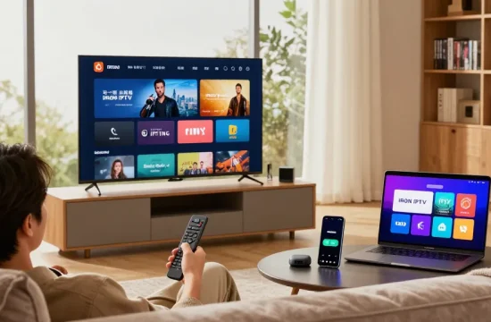 Vision intérieure d'un salon moderne avec un utilisateur profitant d'iron iptv sur Smart TV, ambiance chaleureuse